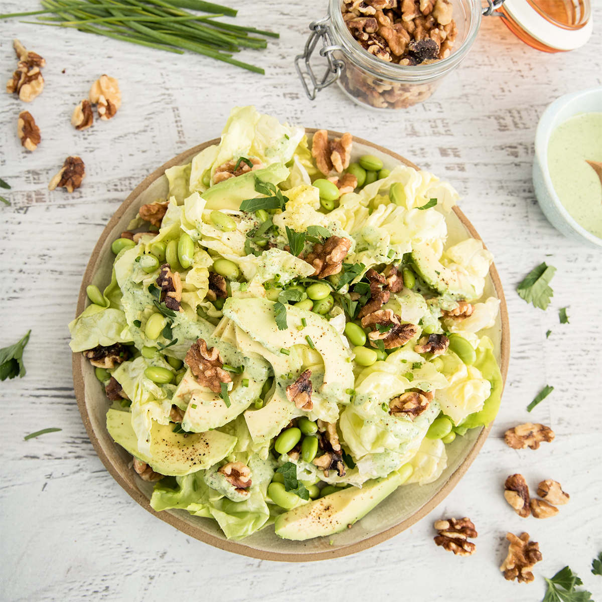 green goddess cheddar salad with toasted walnuts